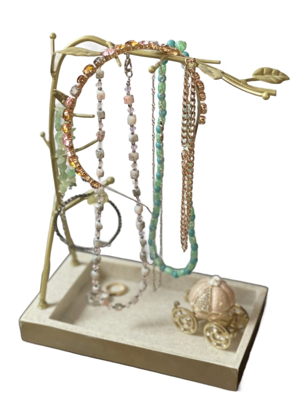 Metal Gold Leaf Designed Jewelry Tree with Rectangular Stone Designed Tray